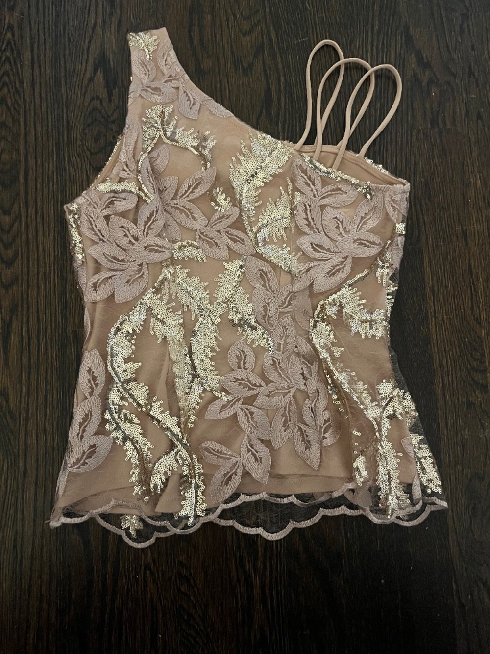 Venus Sequin Floral Embroidered One Shoulder Top Rose Gold Blush Sz 4 Y2K